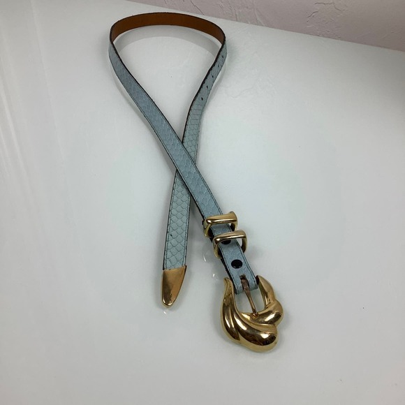 VTG Apple Acc of NY Snakeskin Leather Tiffany Blue Skinny belt SZ M EUC - Picture 10 of 10